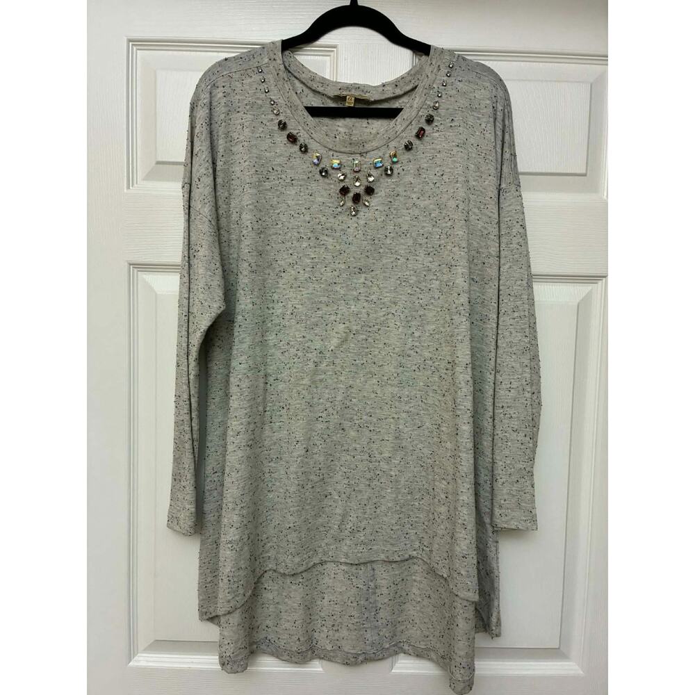 Democracy 1X Embellished Tunic Top Gray Speckled Long Sleeve Plus